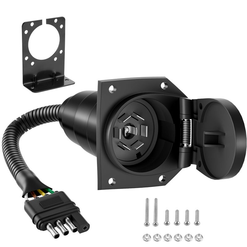 YONHAN 4 Pin to 7 Pin Adapter Trailer Light Adapter 4-Way Flat Truck to 7-Way Blade Reverse Plug Connector with Mounting Bracket for Towing Solutions - Image 1